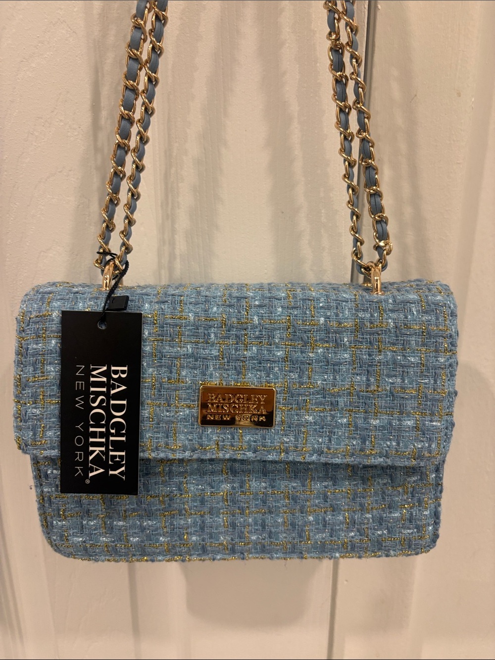 Badgley Mischka Light Blue Tweed Chain Crossbody with Gold Hardware
